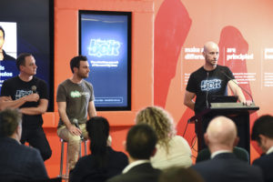 The Roadshow, at 2 Holt Street Press Hall, on Friday, 09 2018 
News Bolt team  - News and Slingshot staff in their News Bolt t-shirts

L-R
Alex Plummer - Corporate Development Manager, News Corp

Alexis soulopoulas ceo &amp; co-founder Mad Paws

Michael Wilkins - Managing Director NSW, News Corp 


(AAP IMAGE / Flavio Brancaleone)