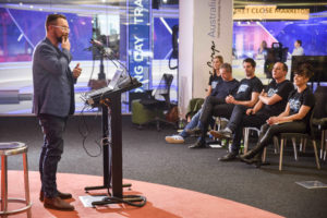 The Roadshow, at 2 Holt Street Press Hall, on Friday, 09 2018 
News Bolt team  - News and Slingshot staff in their News Bolt t-shirts


Ben Hutt chief program director slingshot accelerator ; 

(Daily Telegraph / Flavio Brancaleone)