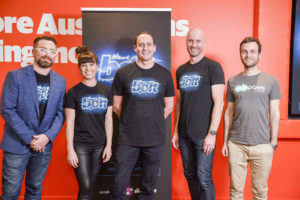 The Roadshow, at 2 Holt Street Press Hall, on 09.08.2018
 
News Bolt team photo - News and Slingshot staff in their News Bolt t-shirts


Ben hutt chief program director slingshot accelerator ; 

Lauren Devine program manager  slingshot accelerator ;

Alex Plummer - Corporate Development Manager, News Corp

Michael Wilkins - Managing Director NSW, News Corp 

Alexis soulopoulas ceo &amp; co-founder Mad Paws

(Daily telegraph/ Flavio Brancaleone)